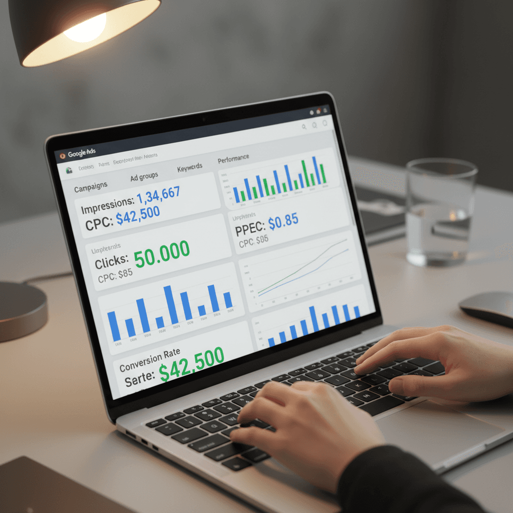 Google Ads campaign dashboard on laptop