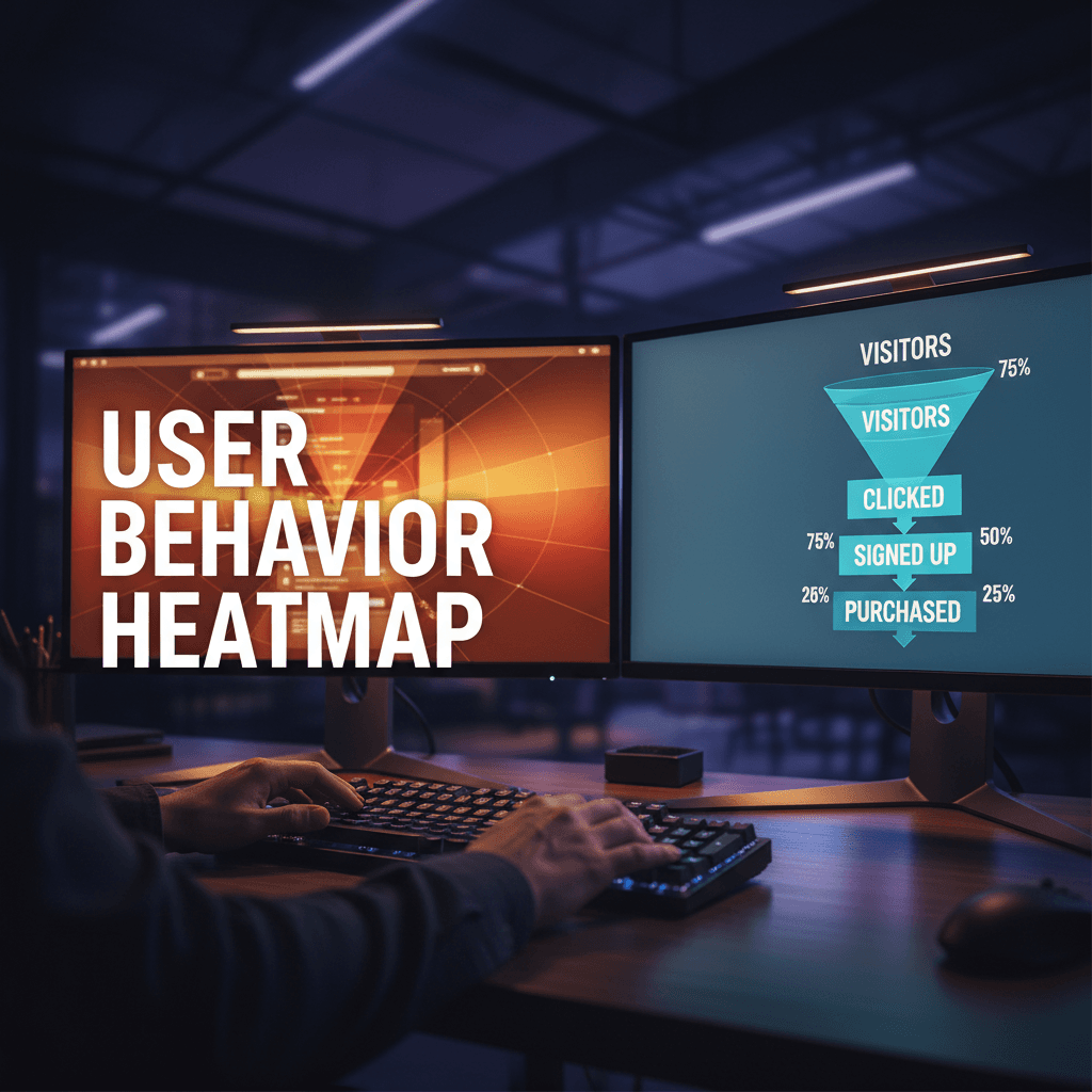 Dual monitors displaying website analytics and heat mapping