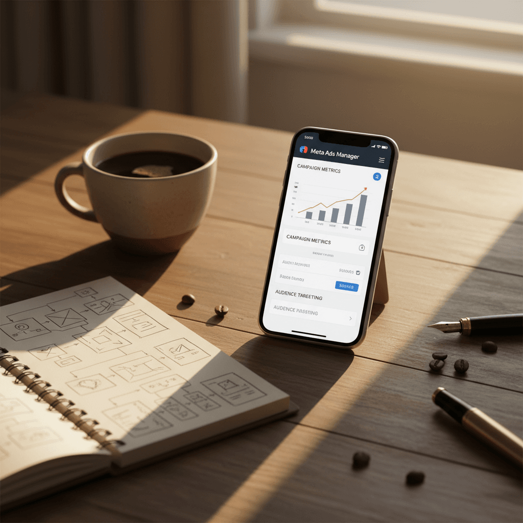 Meta Ads Manager open on smartphone with campaign notes